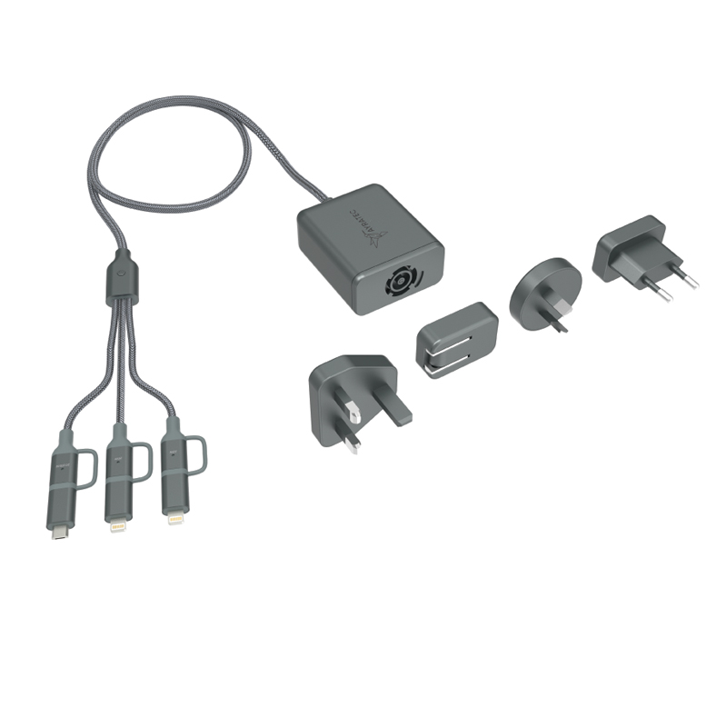 Multifunctional plug GaN charger, type-c/micro-usb/lightning 6in1 fast charging cable, EU/US/AU/UK charger adapter