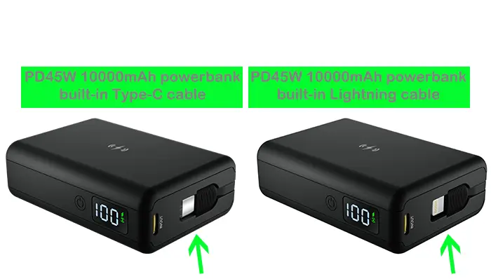 PD45W 10000mAh powerbank built-in cable